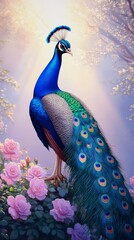 A majestic peacock stands amidst blooming roses - A vibrant peacock surrounded by beautiful roses symbolizes elegance beauty nature serenity and grace