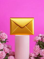 A Luxurious Golden Envelope Against a Pink Background - A stunning golden envelope surrounded by beautiful pink roses represents elegance celebration and romance