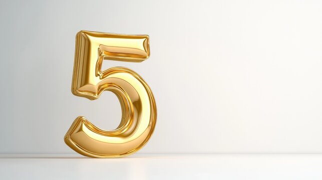 Gold balloon number five, white background, celebration