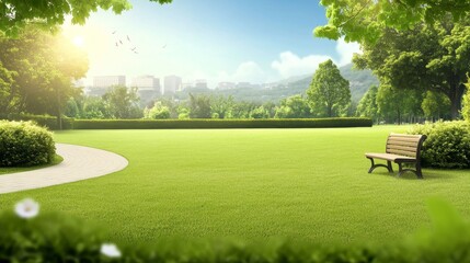 Fototapeta premium A picturesque park setting featuring a serpentine walkway and lush greenery - A serene park with bright sunlight, green grass, walking path, bench