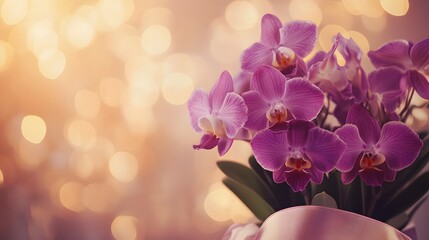 Obraz premium A vibrant bouquet of purple and white flowers with an elegant silk ribbon, celebrating the strength and beauty of women
