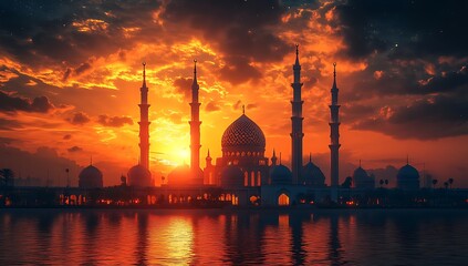 Fototapeta premium Sunset Behind Mosque with Minarets Reflected in Water