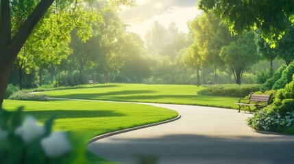 Fototapeta premium A Serene Retreat in a Lush Green Park - A tranquil park scene with winding pathways, lush grass, blooming flowers, sunlight filtering through trees, and inviting benches.