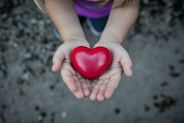 Obraz premium Sign of love. Ð¡hildren valentine's day greeting card: toddler girl with happy face holds red heart in hands. Commercial ad campaign conceptual art. Family-friendly heart concept. Love concept.