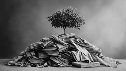 A simplistic yet expressive charcoal sketch of a growing tree atop a pile of discarded items, with a gray monochrome background