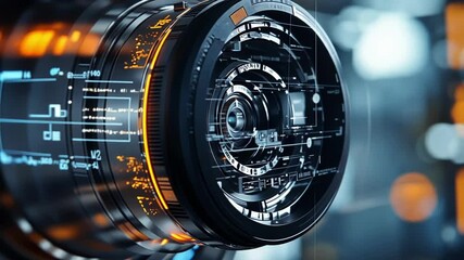 Futuristic camera lens displays digital information, performing data analysis in a technological environment, enhancing surveillance and image processing capabilities - Powered by Adobe