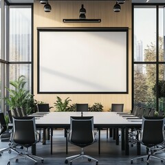 Modern conference room with large blank projection screen, long table, chairs, and plants.