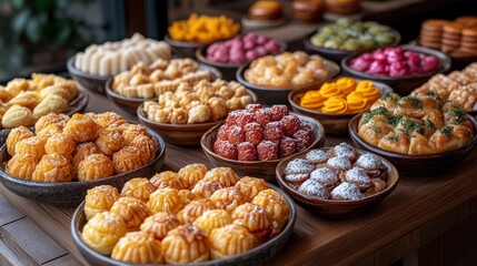 Fototapeta premium Assorted Colorful Asian Desserts on Display - A vibrant collection of various Asian sweets arranged beautifully on wooden tables, showcasing intricate designs and bright colors.