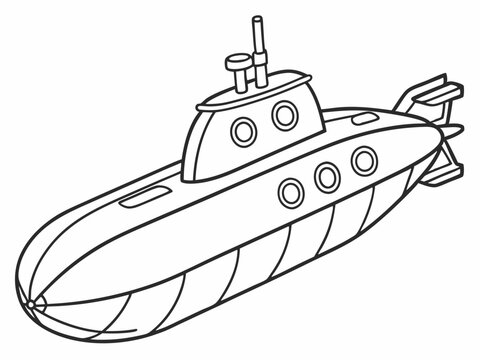 recommend clip art:  submarine black and white line drawing, simple design, porthole windows, periscope, propeller, streamlined shape, children's book illustration style, nautical theme, underwater vessel, 