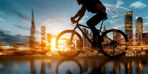 a cyclist riding throuth a cityscape - double exposure photo
