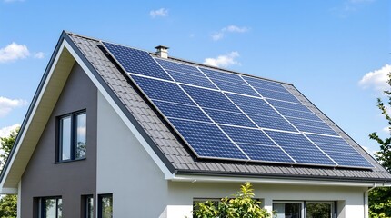 Naklejka premium Solar Panel Roof - Modern Home, Sustainable Energy, Renewable Power - Ideal for Eco-Friendly Living, Home Improvement, and Green Technology Concepts