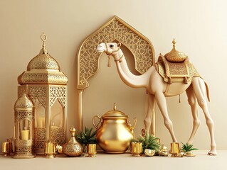 Golden Camel Adorned with Arabian Decor and Lanterns