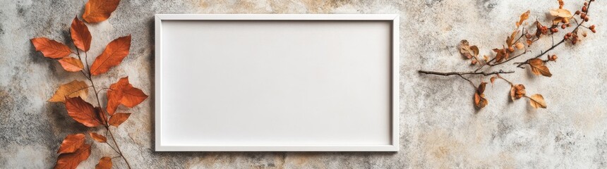 Obraz premium Mockup for design presentation featuring a blank frame on a marble surface with autumn leaves