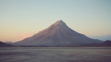 Majestic mountain landscape at sunrise with soft pastel skies and arid terrain in the foreground