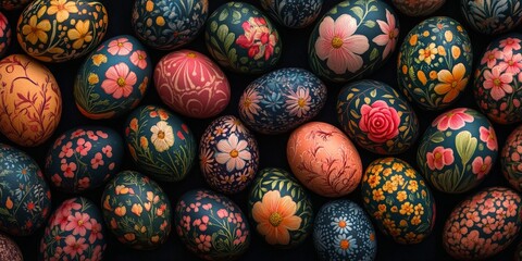 Close-up of hand-painted Easter eggs with intricate floral designs. Perfect for holiday promotions, DIY projects, or artistic craft content.