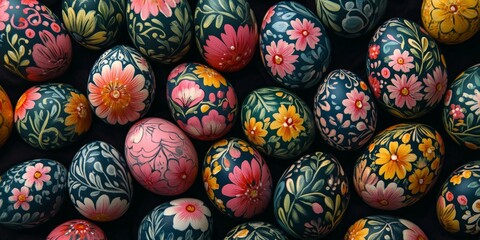 Close-up of hand-painted Easter eggs with intricate floral designs. Perfect for holiday promotions, DIY projects, or artistic craft content.