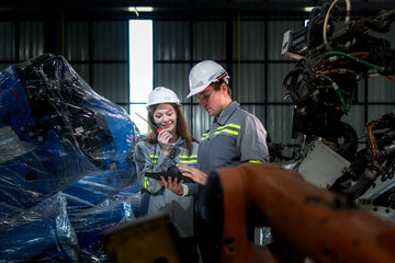 team engineers inspecting on machine with smart tablet. Worker works at heavy machine robot arm. The welding machine with a remote system in an industrial factory. Artificial intelligence concept.