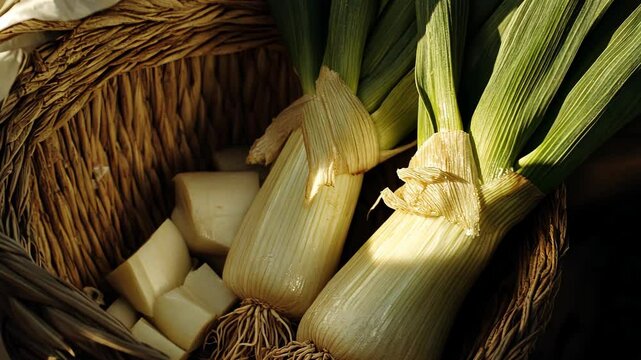 Fresh leeks and tofu displayed in a rustic basket on a sunny kitchen counter in early morning light