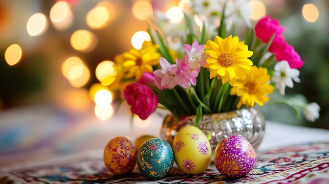 A vibrant Haft-Seen table with spring flowers and colorful eggs, symbolizing renewal and hope in Persian New Year traditions