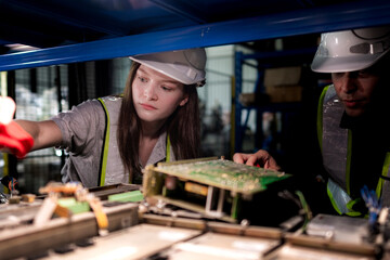 team engineers inspecting on machine with smart tablet. Worker works at heavy machine robot arm. The welding machine with a remote system in an industrial factory. Artificial intelligence concept.