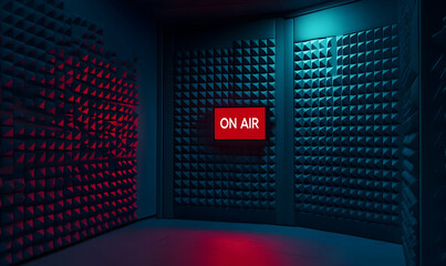 Atmospheric studio recording booth with "On Air" sign, featuring textured walls in red and teal lighting. Ideal for broadcast, podcasting, and music production concepts.