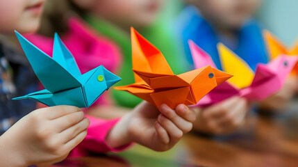 Kids making colorful origami birds in classroom.  Educational craft activity