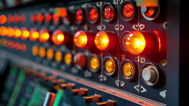 Rows of illuminated red buttons and switches on a control panel suggest ongoing operations in a manufacturing setting, highlighting the importance of monitoring and control in industrial processes