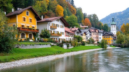 Naklejka premium Colorful houses by autumnal river, alpine village, postcard view, travel destination