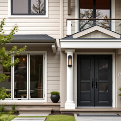 Fototapeta premium Modern House Exterior: Elegant Contemporary Home Design and Architecture. Luxury Real Estate Property with Stunning Facade and Entrance