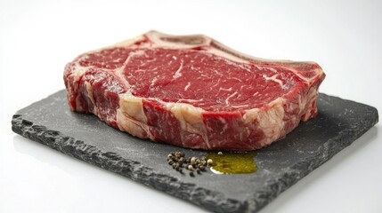 Raw ribeye steak on slate, pepper, oil. Food photography
