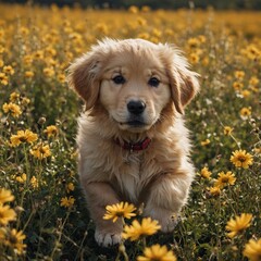 A fluffy golden retriever puppy playing in a field of flowers.