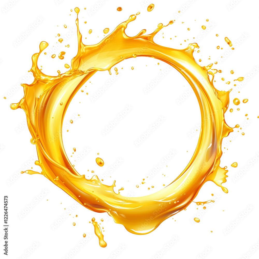 Poster a circular frame is formed by a dynamic splash of golden liquid against a black background.