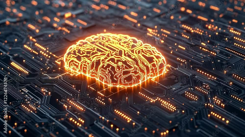 Poster glowing artificial intelligence brain representing machine learning and deep learning technology is 