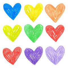 Collection of different multicolored hearts. Doodle drawing by hand with colored pencils, crayon. Sketch. Valentine's day design elements.
