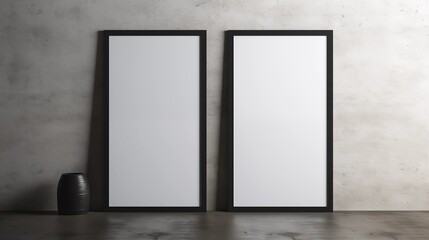 Two vertically framed blank posters with black borders leaning against a textured gray concrete wall, perfect for advertising, branding, or interior decor mockups.