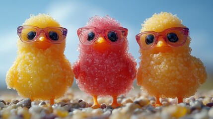 Very realistic image, chicks made of colorful jelly candy with glasses running, clear background