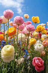 Fototapeta premium Colorful ranunculus flowers under a bright blue sky in a field of vibrant blossoms