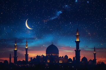 Night Sky Crescent Moon Mosque Silhouette