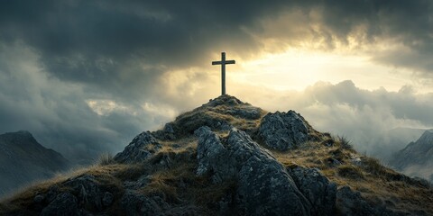 A symbolic cross illuminated by a sunrise, evoking hope and spirituality. Ideal for religious, motivational, and scenic themes.