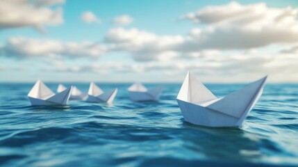 Paper boats sailing on ocean, cloudy sky background; hope, journey concept
