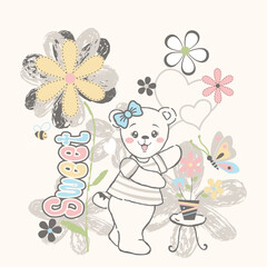 Cute bear vector surrounded by beautiful floral decoration and small insects, creating a peaceful nature scene

