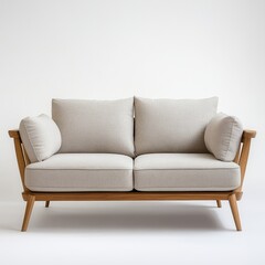Fototapeta premium Light beige fabric loveseat on light wood frame, minimalist design.