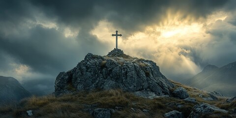 A symbolic cross illuminated by a sunrise, evoking hope and spirituality. Ideal for religious, motivational, and scenic themes.