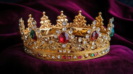 A golden crown adorned with sparkling jewels resting on a velvet pillow, symbolizing royalty and prestige.