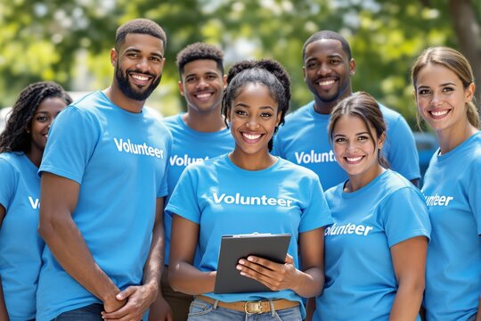 Happy group of volunteers in blue shirts smiling while standing outdoors, in a bright natural setting. Concept of teamwork and community service. Ai generative