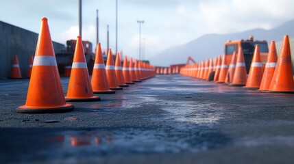 Cones line wet road, construction site, mountains