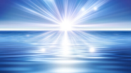 Bright sunburst over calm ocean with serene atmosphere