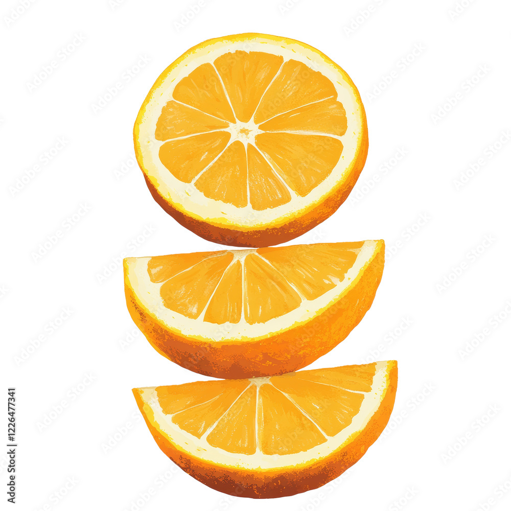 Poster a stylized image showcasing three orange slices meticulously stacked against a black background.