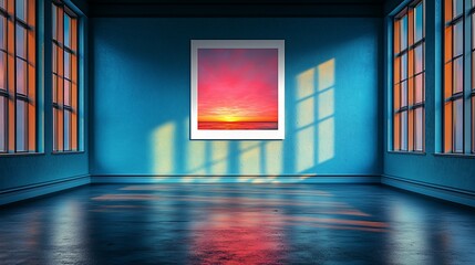 Serene Sunset: A Gallery Room with a Vibrant Landscape Painting