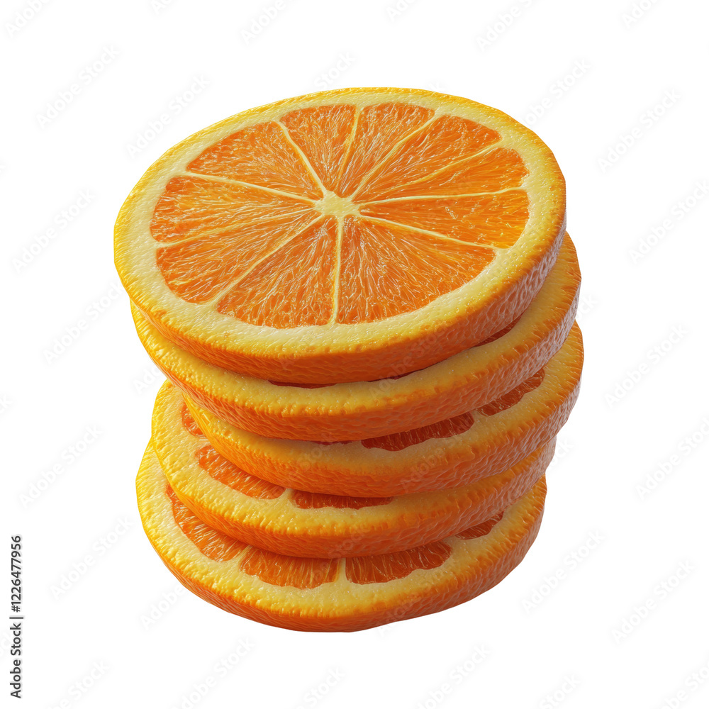 Poster A digitally enhanced image shows a stack of five perfectly round orange slices against a black background.